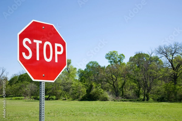 Fototapeta Stop Sign With Green Field And Trees