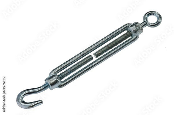 Fototapeta Anodized adjustable hook used for steel rope anchoring and electric cable installations, white background