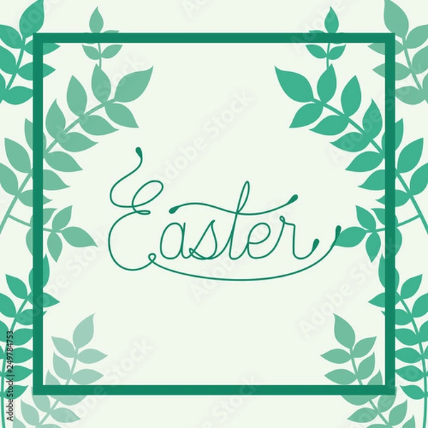 Fototapeta happy easter frame with handmade font and leafs