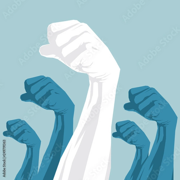 Fototapeta Vector drawn fist. Power concept design.Isolated on blue background.	