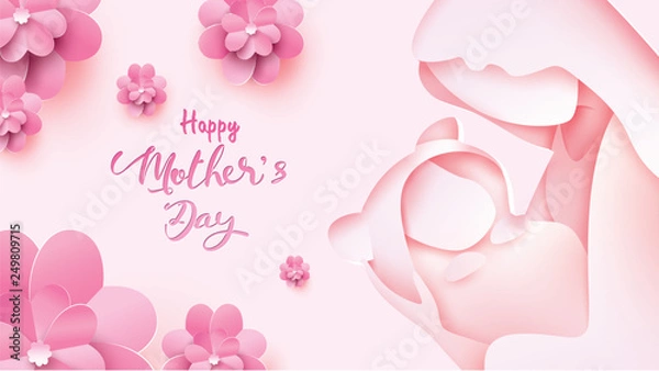 Obraz Happy mother's day greeting card. Paper cut style mum smiling and holding healthy baby with happiness in pink background with flowers frame. Vector illustration. Copy space for text. - Vector