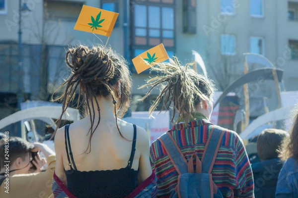 Obraz Two young people - a boy and a girl with dreadlocks support the law on the legalization of marijuana. Protest and conflict. Flags with symbol of weed.
