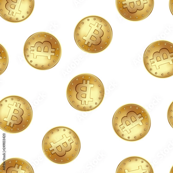 Obraz Bitcoin golden coin seamless pattern. Golden rain of flying money. Vector illustration icolated on a white background.