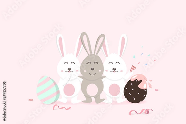 Fototapeta Easter, happy greeting card holiday, confetti decoration celebrate party poster, adorable rabbit with egg fancy, cute bunny cartoon invitation vector illustration