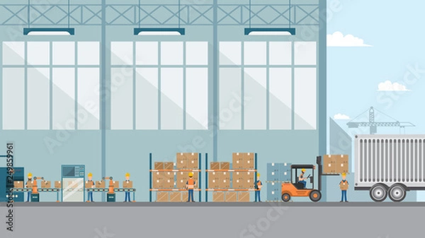 Fototapeta smart industrial factory in a flat style with workers, robots and assembly line packing