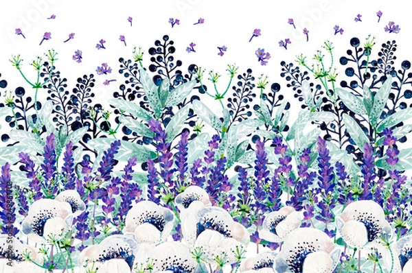 Fototapeta Gouache floral border with anemones, mint and lavender. Hand-drawn clipart for art work and weddind design.