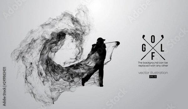 Obraz Abstract silhouette of a golf player, golfer on the white background from particles, dust, smoke, steam. Golfer kicks the ball. Background can be changed to any other. Vector illustration