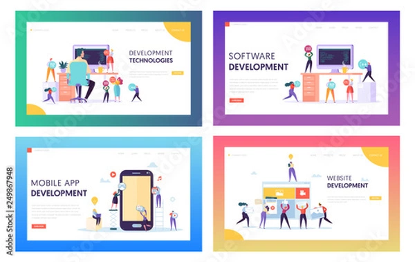 Fototapeta People Character Make Software Development Landing Page. Programming Code on Smartphone and Computer Screen Set. Coding Concept Website or Web Page. Flat Cartoon Vector Illustration