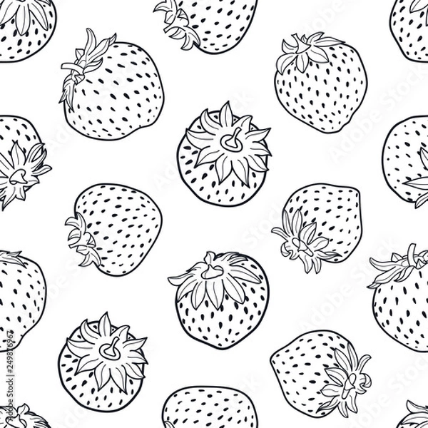 Fototapeta Vector black and white strawberry seamless pattern background. Scattered hand drawn strawberries print is perfect for food packaging, labels, kitchen themed project.