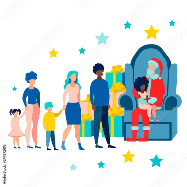 Fototapeta Christmas holiday, decorated tree and Santa Claus with kid sitting on lap. In minimalist style. Flat isometric vector