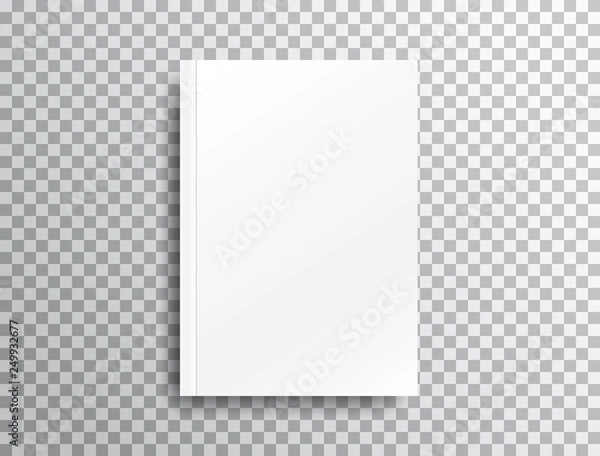 Fototapeta Puste makieta z cieniem na przezroczystym tle. Biała realistyczna broszura A4 do prezentacji. Notatnik z miejscem do tekstu. Zamknięta pionowa książka, makieta magazynu z widokiem z góry. Ilustracja wektorowa