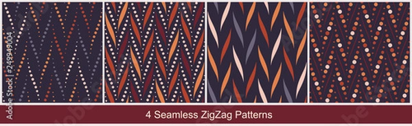 Fototapeta Seamless vector zigzag patterns with abstract geometric elements in warm brown colors on dark background. Set of abstract prints