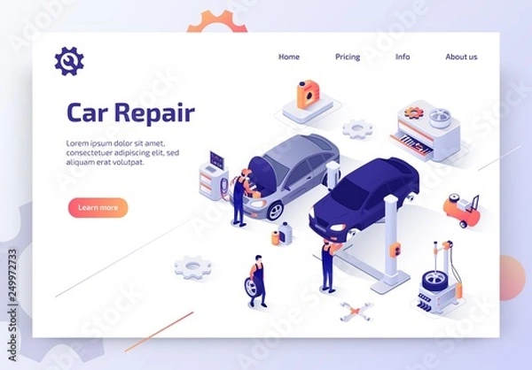 Fototapeta Modern Auto Workshop Isometric Vector Website