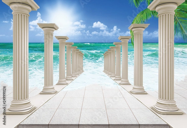 Fototapeta 3D Wallpaper design with cloumns and beach for mural