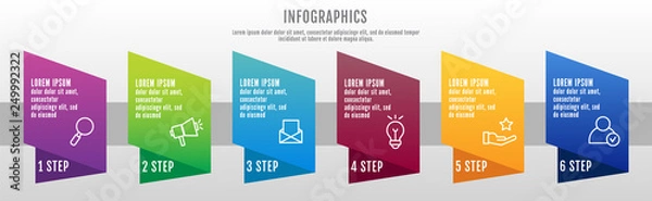 Obraz Modern 3D vector illustration data visualization. Infographic template with six elements, options and parts. Designed for business, presentations, web design, interface 6 step diagrams