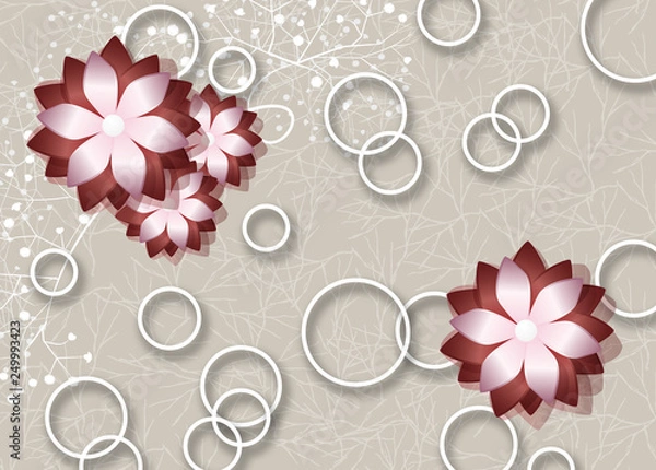Fototapeta 3D Wallpaper design with cirlces and flowers on grunge background for mural print