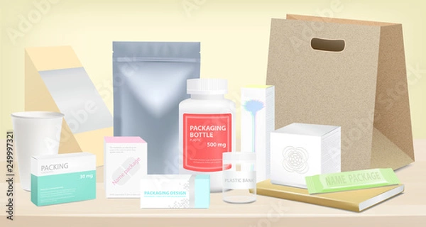 Fototapeta Different kinds of packaging on wooden table, background. Vector illustration