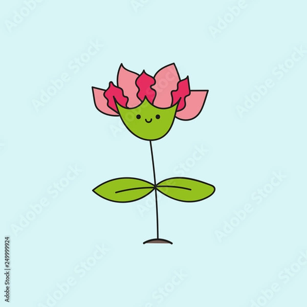 Fototapeta Kawaii flower with green leaves. Vector.