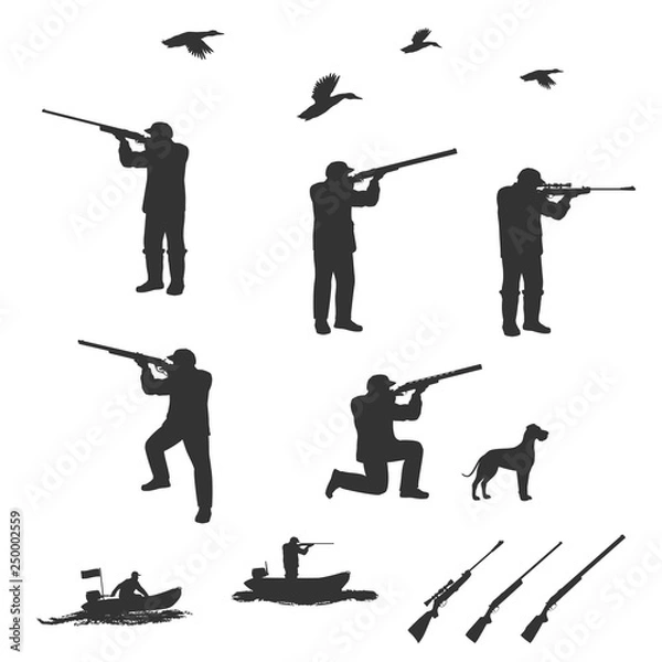 Obraz A man stands on one knee and fired from a rifle. Nearby is a dog.Rubber boats with a motor in a different position. Isolate on white background.