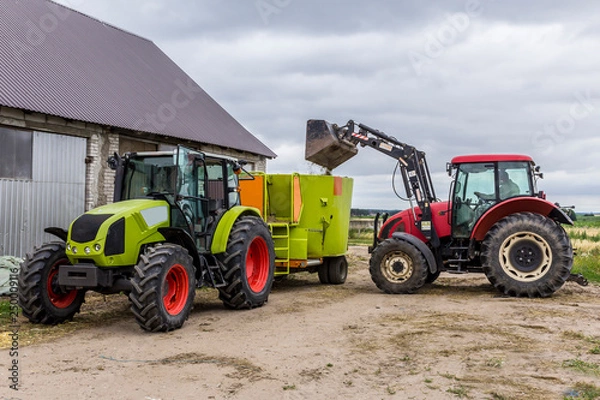 Fototapeta Tractor with front end loader loads the food into a distributor of animal feed for cows. Necessary equipment for a dairy farm.
