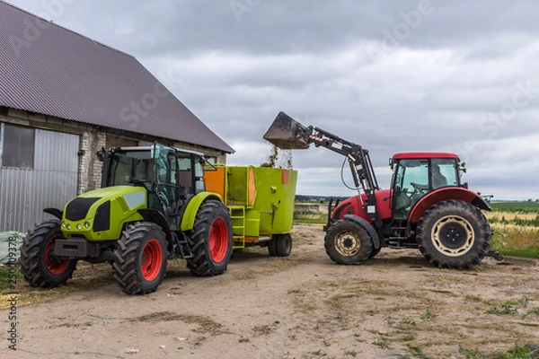 Fototapeta Tractor with front end loader loads the food into a distributor of animal feed for cows. Necessary equipment for a dairy farm.