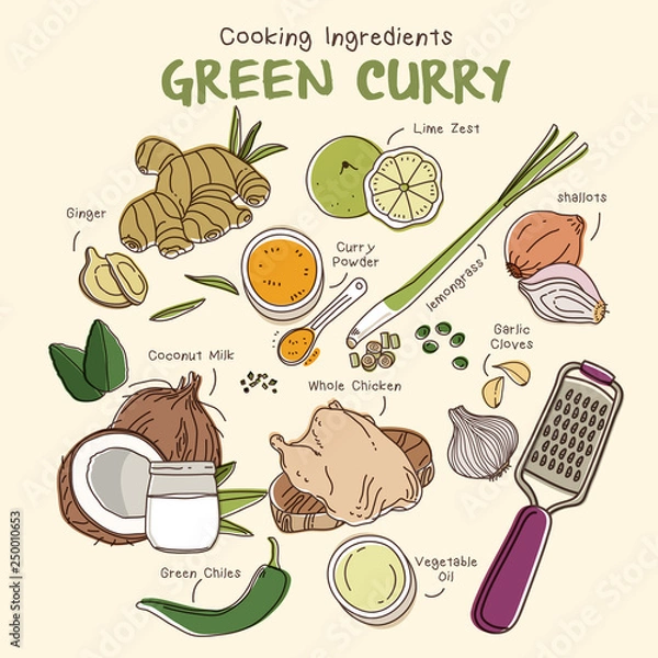 Obraz Green curry with chicken ingredients set