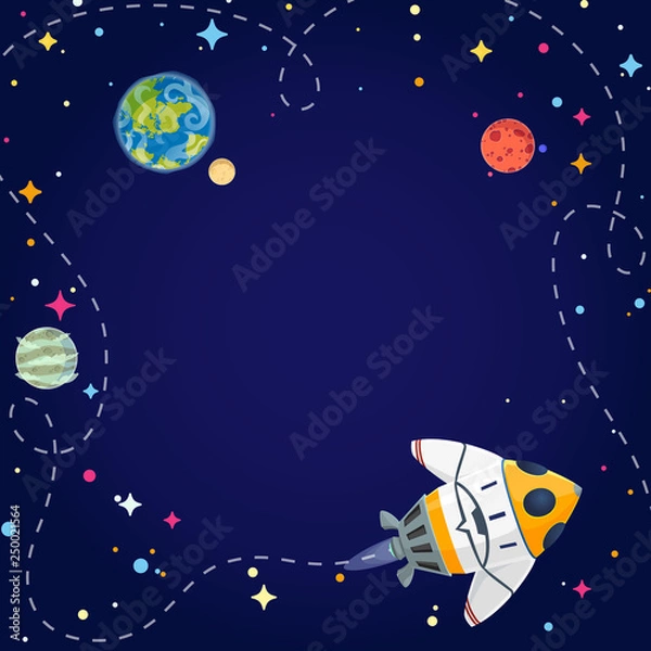 Fototapeta Frame with spaceship, planets, and stars in open space. Vector illustration cartoon style