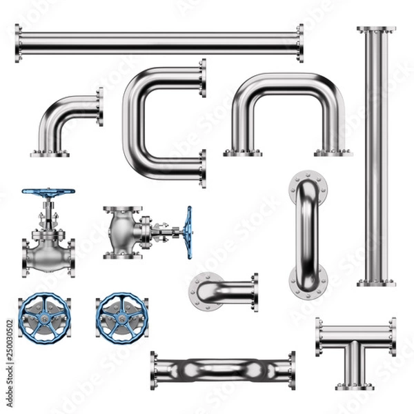 Obraz Industrial Pipes and Valves isolated on White Background. 3D illustration
