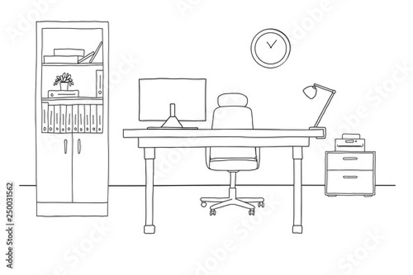 Fototapeta Sketch the room. Office chair, desk, various objects on the table. Sketch workspace. Vector