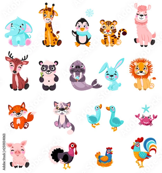 Obraz Big set isolated animals and birds. Vector collection funny animals. Cute animals: forest, farm, domestic, polar in cartoon style. Giraffe, elephant, crab, rabbit, fox, pig, llama, panda, lion, cat