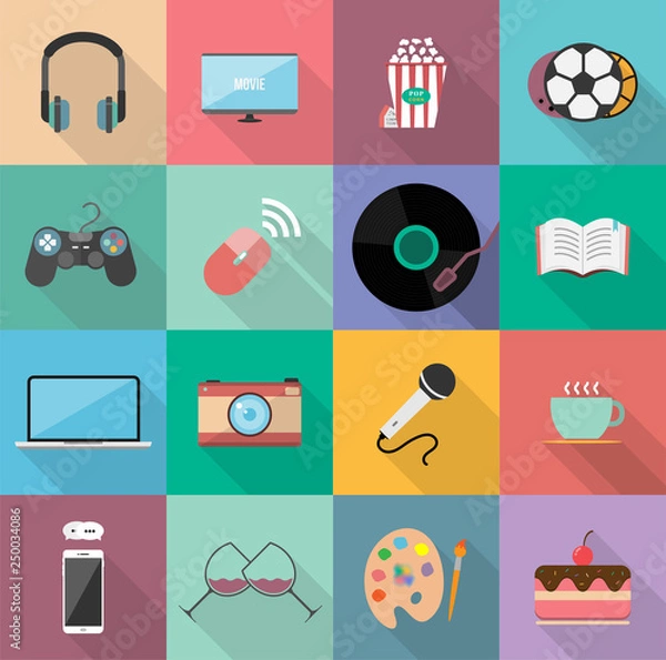 Obraz Set of entertainment flat icons design, Element for website,application and content. With long shadow on square background. 12 icons.