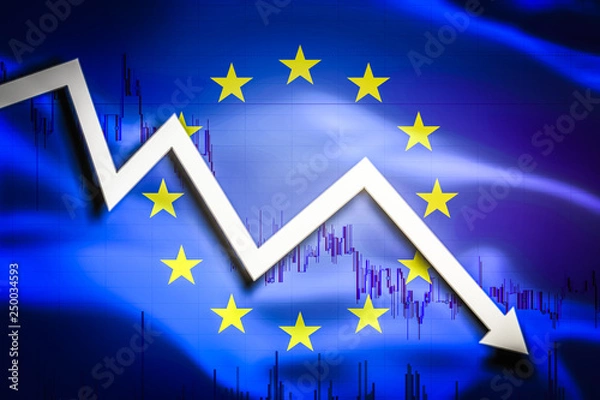 Fototapeta White arrow fall down on the background of the waving flag of EU (European Union)