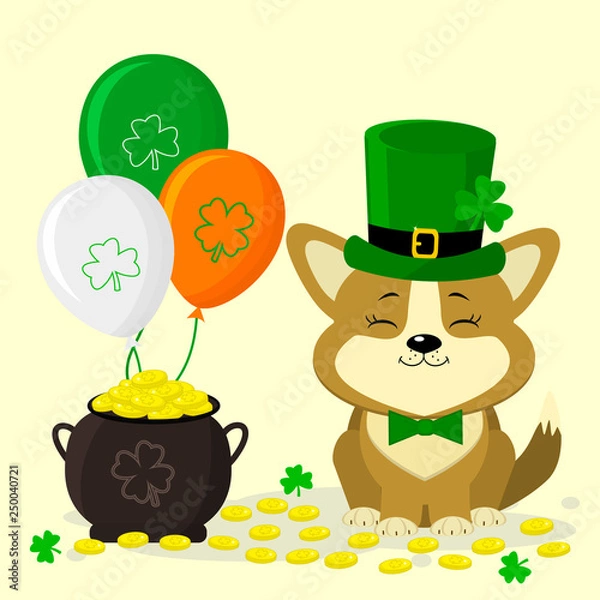 Obraz St.Patrick s Day. Cute corgi dog in green hat. Leprechaun and butterfly green tie. A pot of gold coins, three balls, clover. Cartoon style, flat design. Vector illustration