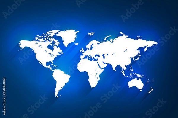 Fototapeta White world map on blue background, vector