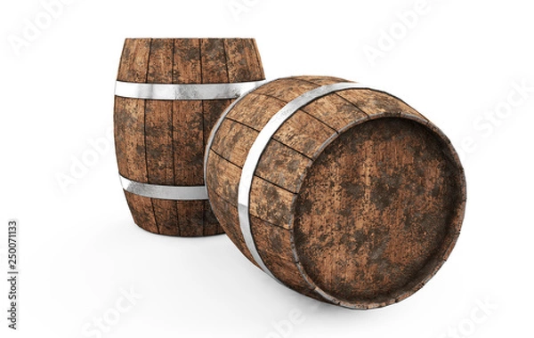 Fototapeta Wooden barrel with iron hoops isolated on white background. 3d rendering. Old barrel with rust on the hoops. Front view