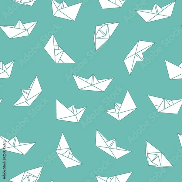 Fototapeta Vector seamless origami pattern with drawing paper boats. Decorative green background 