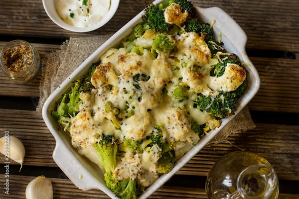 Fototapeta Baked gratin of cauliflower, broccoli and romanesco with cream and mustard sauce