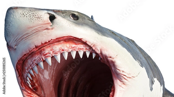 Obraz White shark marine predator big fish, close view. 3D rendering