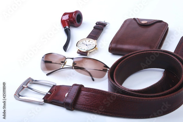Obraz Men's accessories for business and rekreation. A professional studio photograph of men's business accessories. Top view composition
