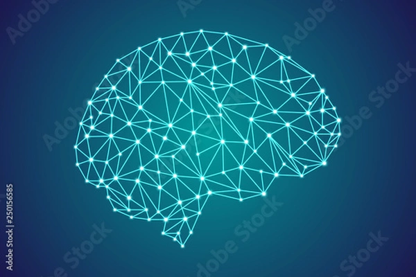 Obraz 3d digital human brain, glowing particles plexus structure, abstract artificial Intelligence futuristic technology and science stock vector illustration blue background