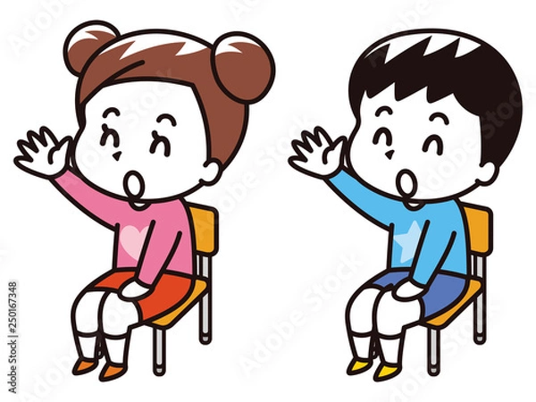 Fototapeta 椅子に座って挙手をする小学生の男女
