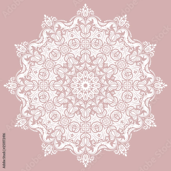 Fototapeta Oriental vector round pattern with white arabesques and floral elements. Traditional classic ornament. Vintage pattern with arabesques