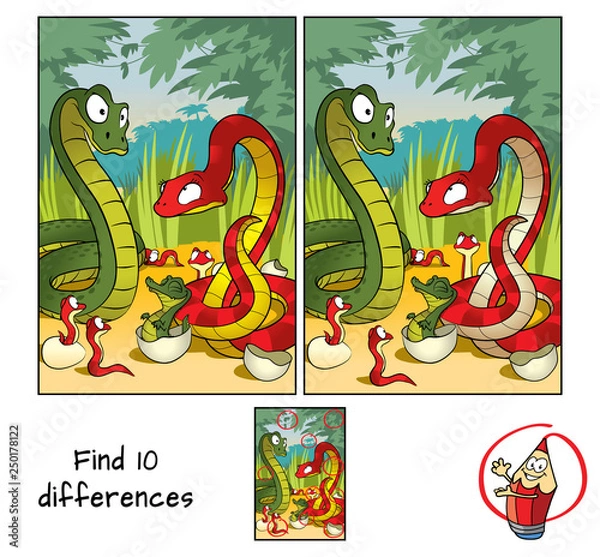 Fototapeta Family of snakes. Find 10 differences. Educational matching game for children. Cartoon vector illustration