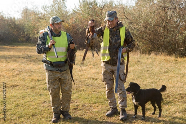 Fototapeta Hunter with a gun and a dog go on the first snow in the steppe, Hunting pheasant in a reflective vest	