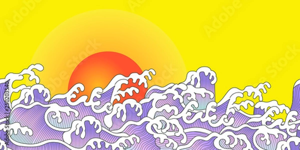 Fototapeta horizontal banner of ocean wave and sunset in Chinese style. Suitable for wallpaper and event decoration.