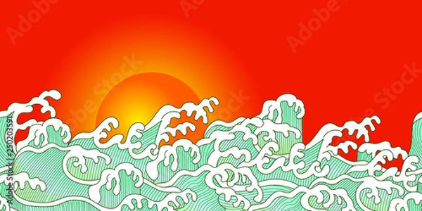 Fototapeta horizontal banner of ocean wave and sunset in Chinese style. Suitable for wallpaper and event decoration.