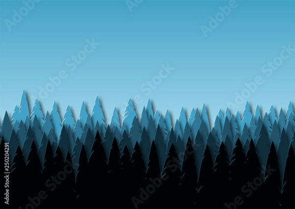 Fototapeta Landscape with spruce forest at dusk. Snowy trees in a park or forest. Design in the style of paper art. Vector