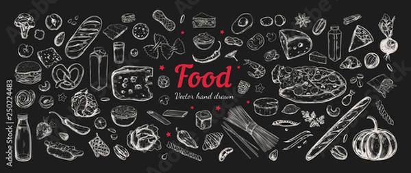 Obraz Big vector set of healthy food ingredients. Hand drawn sketches. Isolated objects