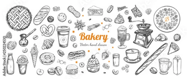 Obraz Kawa i piekarnia wektor wyciągnąć rękę, elementy. Szablon z ilustracjami rocznika szkicu, różne rodzaje ciasta i kawy, latte, cappuccino, filiżanka kawy na wynos