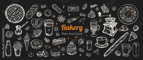 Obraz Ręcznie narysowane ręcznie kawa i piekarnia, elementy. Szablon z ilustracjami szkicami w stylu vintage, różnymi rodzajami ciasta i kawy, latte, capuccino, kawą do filiżanki
